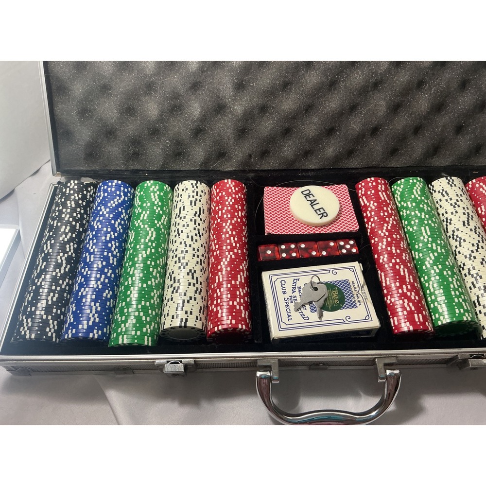 Used Piece Poker Chip Set with Aluminum Case Bee Playing Cards Dice Dealer Butto - Picture 5 of 11